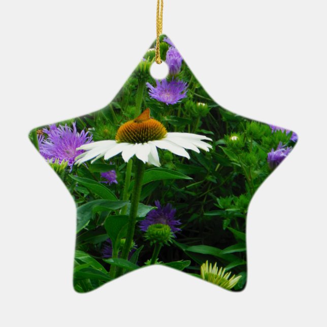 Ornement En Céramique Fleur de cône blanc, fleurs pourpres et papillon (Devant)
