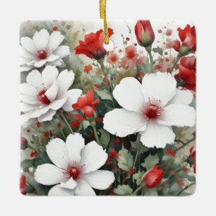 Ornement En Céramique Fleurs blanches et rouges Elégante aquarelle