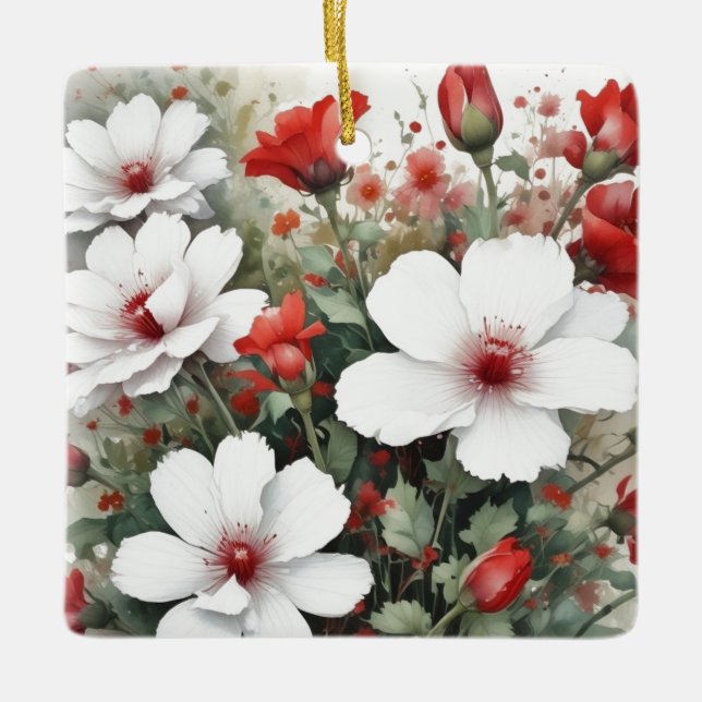 Ornement En Céramique Fleurs blanches et rouges Elégante aquarelle (Devant)