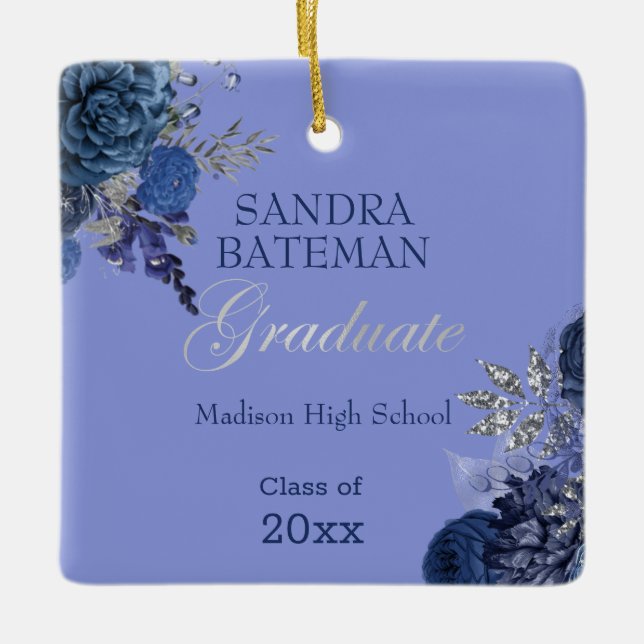 Ornement En Céramique Fleurs bleues violettes | Silver Graduation Keepsa (Devant)