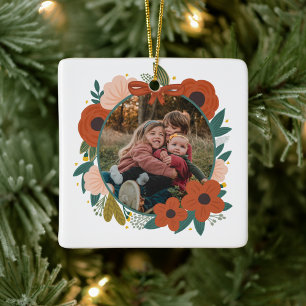 Ornement En Céramique Fleurs botaniques rouges de vacances Wreath Fam de