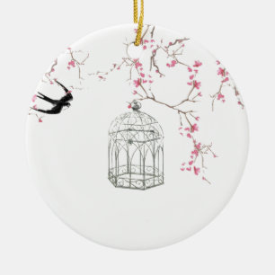 Ornement En Céramique Fleurs de cerisier, oiseau, cage à oiseaux -