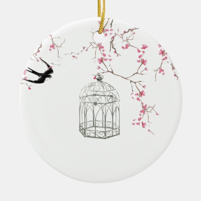Ornement En Céramique Fleurs de cerisier, oiseau, cage à oiseaux - (Devant)