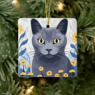 Ornement En Céramique Fleurs Jaunes Chat Bleu Russe