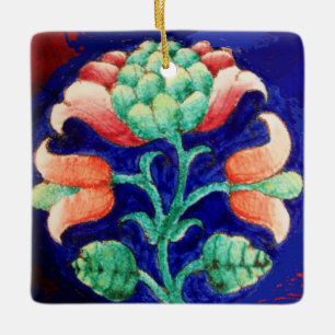 Ornement En Céramique FLEURS ROSES STYLISÉES, Floral Vert Bleu