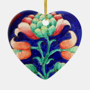 Ornement En Céramique FLEURS ROSES Vert Bleu Floral Coeur