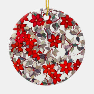 Ornement En Céramique Fleurs rouges et feuilles gris argenté