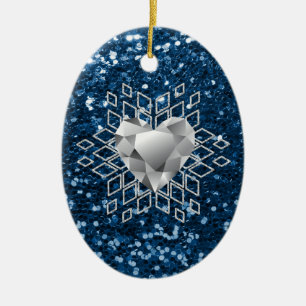 Ornement En Céramique Flocon de neige bleu de coeur de diamant de