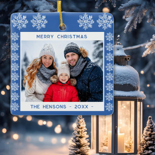 Ornement En Céramique Flocon de neige bleu Joyeux Noël Photo de famille