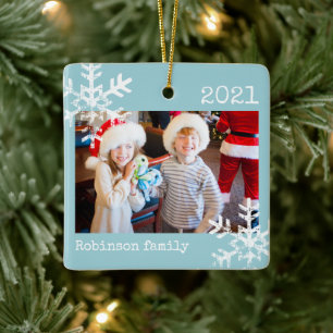 Ornement En Céramique Flocon de neige rustique Famille Bleu clair
