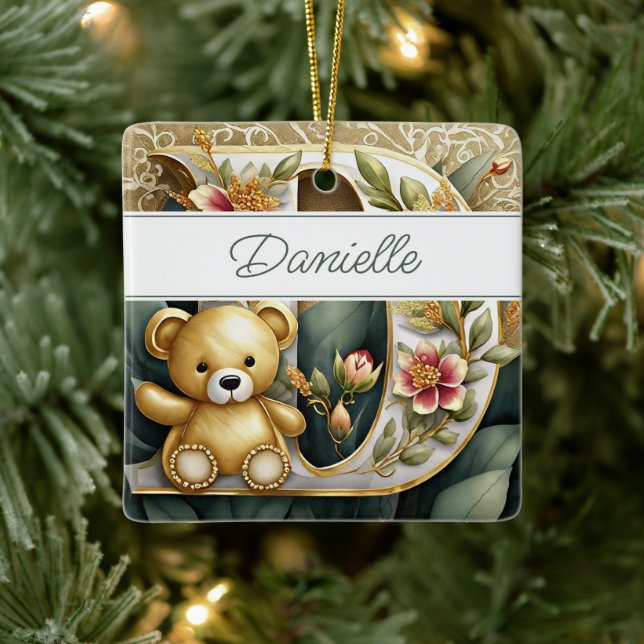 Ornement En Céramique FLoral Teddy Bear lettre D personnalisée (Arbre)