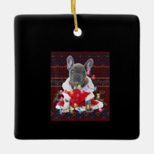 Ornement En Céramique French bulldog Christmas Lights Ugly Sweater Dog