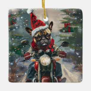 Ornement En Céramique French Bulldog Riding Moto Noël