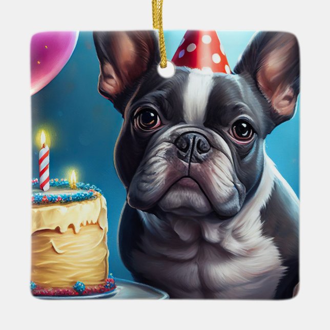 Ornement En Céramique Frenchie Birthday Bash : Un mignon Bulldog françai (Devant)