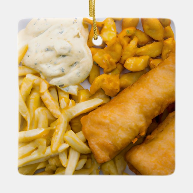 Ornement En Céramique Funky Fish Pun Noël | Poissons et croustilles (Devant)