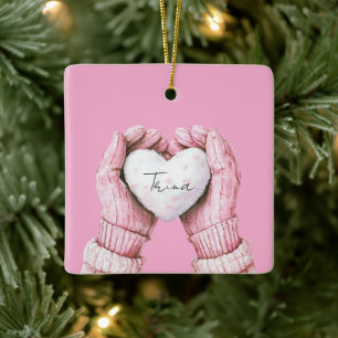 Ornement En Céramique Gants d'hiver rose girly Cœur blanc