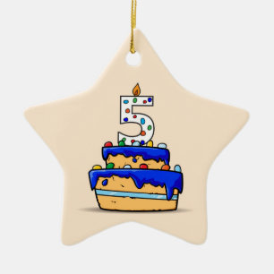 Ornement En Céramique Garçon 5e anniversaire, 5 sur Gâteau bleu doux