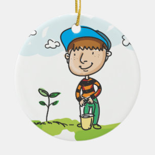 Ornement En Céramique Garçon faisant du jardinage, plantation d'arbres