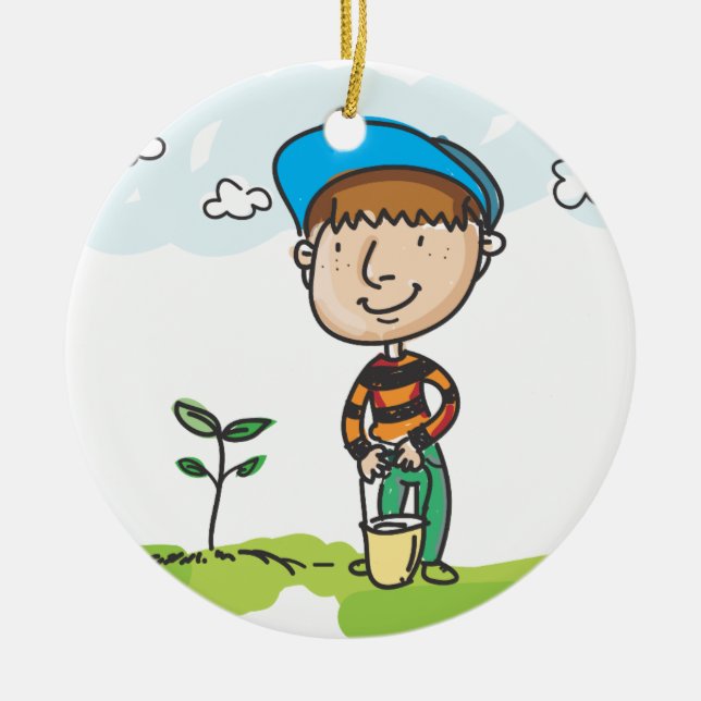 Ornement En Céramique Garçon faisant du jardinage, plantation d'arbres (Devant)