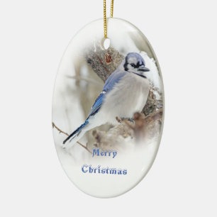 Ornement En Céramique Geai bleu dans la neige d'hiver