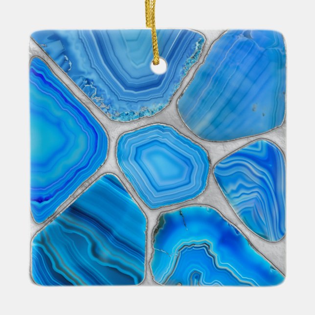 Ornement En Céramique Géode Bleu Agate Mosaïque Fleur art (Devant)