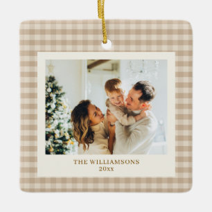 Ornement En Céramique Gingham Familial Personnalisé Beige Neutre