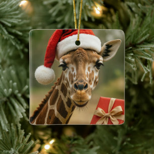 Ornement En Céramique Girafe de Noël avec cadeau de fête