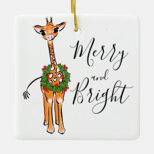 Ornement En Céramique Giraffes de Noël, couronne verte rouge Holly