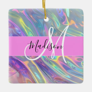 Ornement En Céramique Girl Rainbow Holographic Iridescente Monogramme No