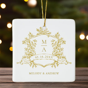 Ornement En Céramique Gold Classal Floral Crest Mariage Photo