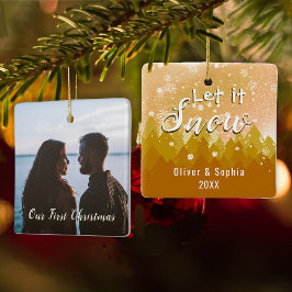 Ornement En Céramique Gold Let it Neige First Christmas Photo