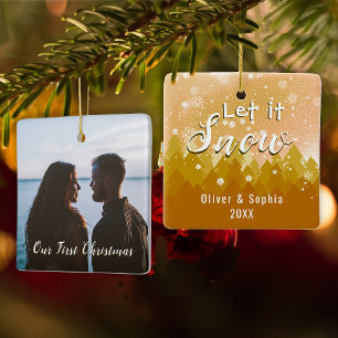 Ornement En Céramique Gold Let it Neige First Christmas Photo