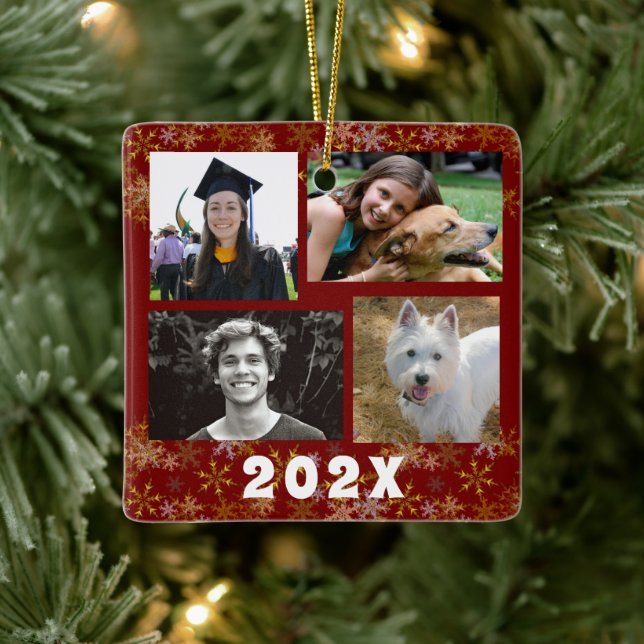 Ornement En Céramique Gold Snowflakes Family Photo Collage Date (Arbre)