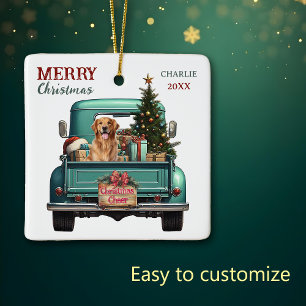 Ornement En Céramique Golden Retriever Chien Retro Truck Noël