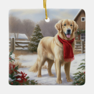 Ornement En Céramique Golden Retriever Dog in Snow Christmas