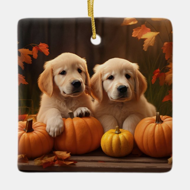 Ornement En Céramique Golden Retriever Puppy Automne Citrouille de plais (Devant)