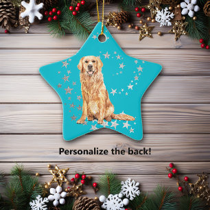 Ornement En Céramique Golden Retriever Silver Stars Noël Turquoise