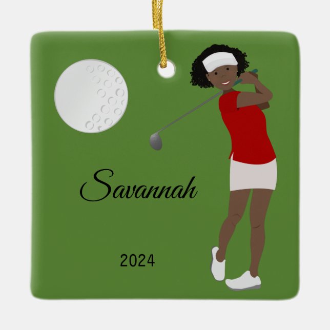 Ornement En Céramique Golf Femme Athlète Afro-Américaine (Devant)