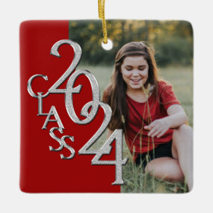 Ornement En Céramique Graduation 2021 Classe avec Photo Red Silver