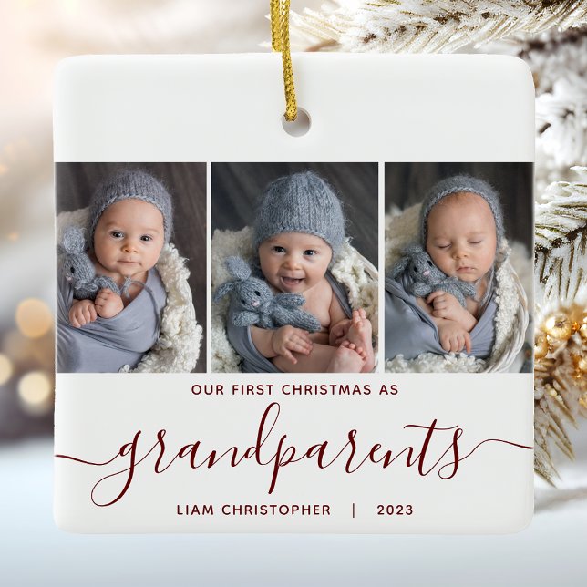 Ornement En Céramique Grand-parents 1er Noël 3 Photo Script rouge (Créateur téléchargé)