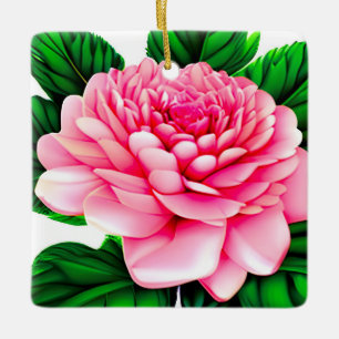 Ornement En Céramique Grande pivoine rose avec Feuilles vert émeraude