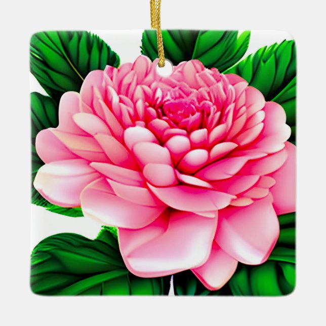 Ornement En Céramique Grande pivoine rose avec Feuilles vert émeraude (Devant)