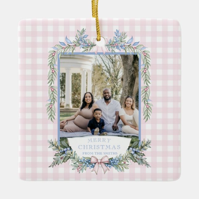 Ornement En Céramique Grandmillennial Pink & Blue Holly Christmas (Devant)