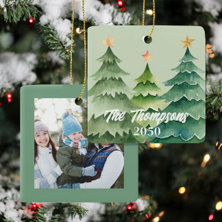Ornement En Céramique Green Christmas Tree Photo Holiday Custom