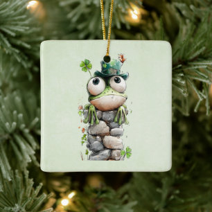 Ornement En Céramique Grenouille avec chapeau vert et trèfle mignonne