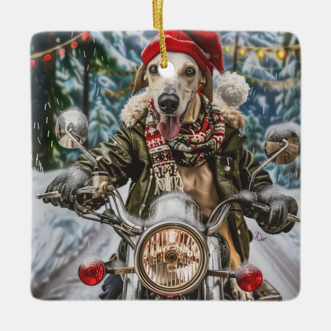 Ornement En Céramique Greyhound Chien équitation Moto Noël (Devant)