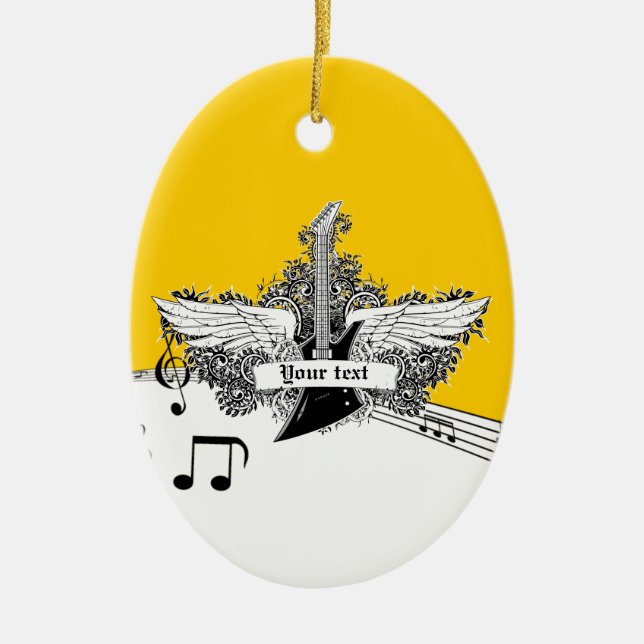 Ornement En Céramique Guitare électrique jaune noir avec ailes (Devant)