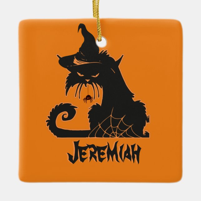 Ornement En Céramique Halloween Chat Noir Sorcière Éffrayants Araignées (Devant)