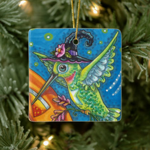 Ornement En Céramique HALLOWEEN HUMMINGBIRD, JACK-O'-LANTERN WHIMSY Blan