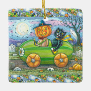 ORNEMENT EN CÉRAMIQUE HALLOWEEN ROAD TRIP, JACK ET CHAT NOIR AMIS